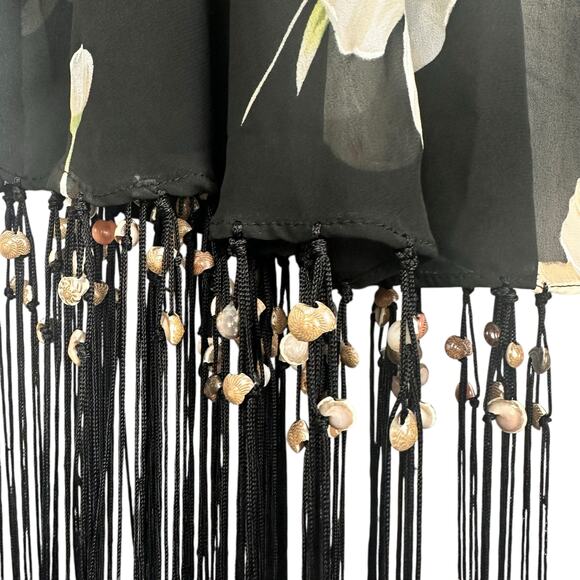 Pia Rossini Black Floral Kimono Tassel Seashells One Size Resortwear Boho Shawl - Picture 7 of 12